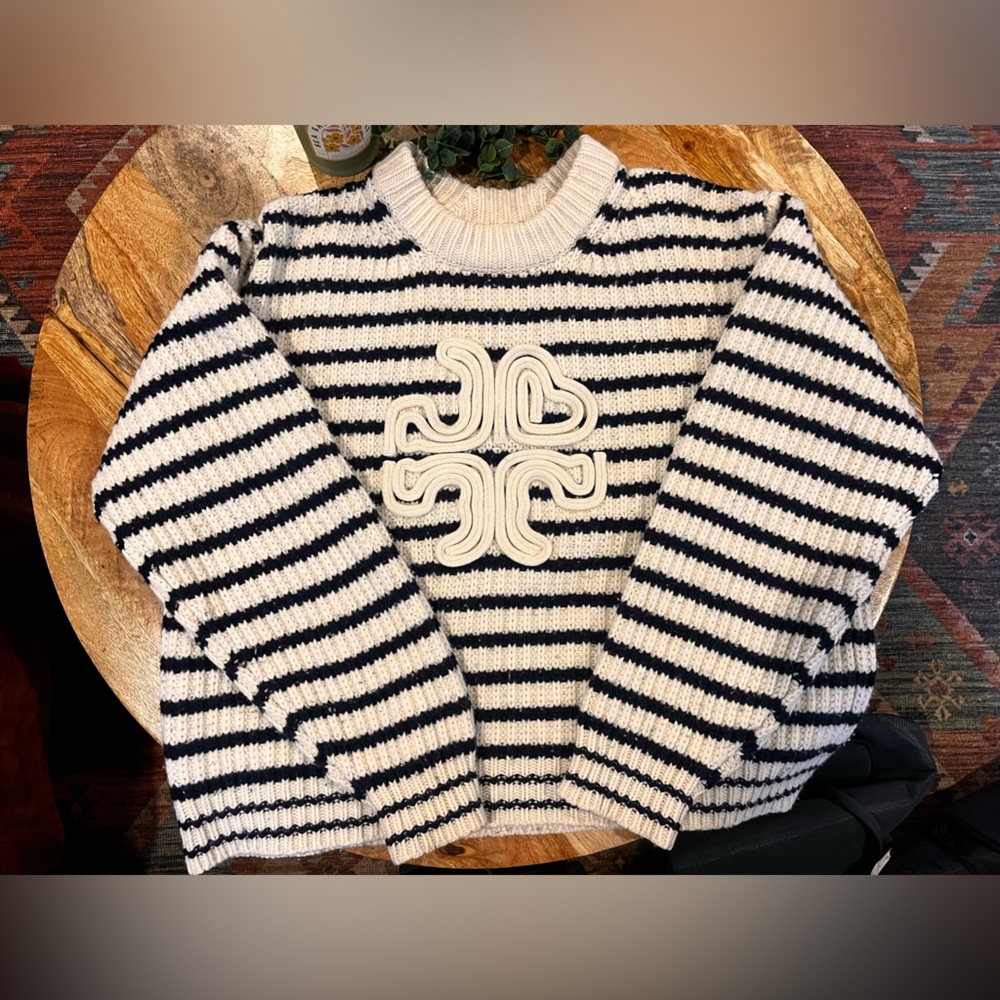 Tory Sport Black and Cream Striped Crewneck Sweater